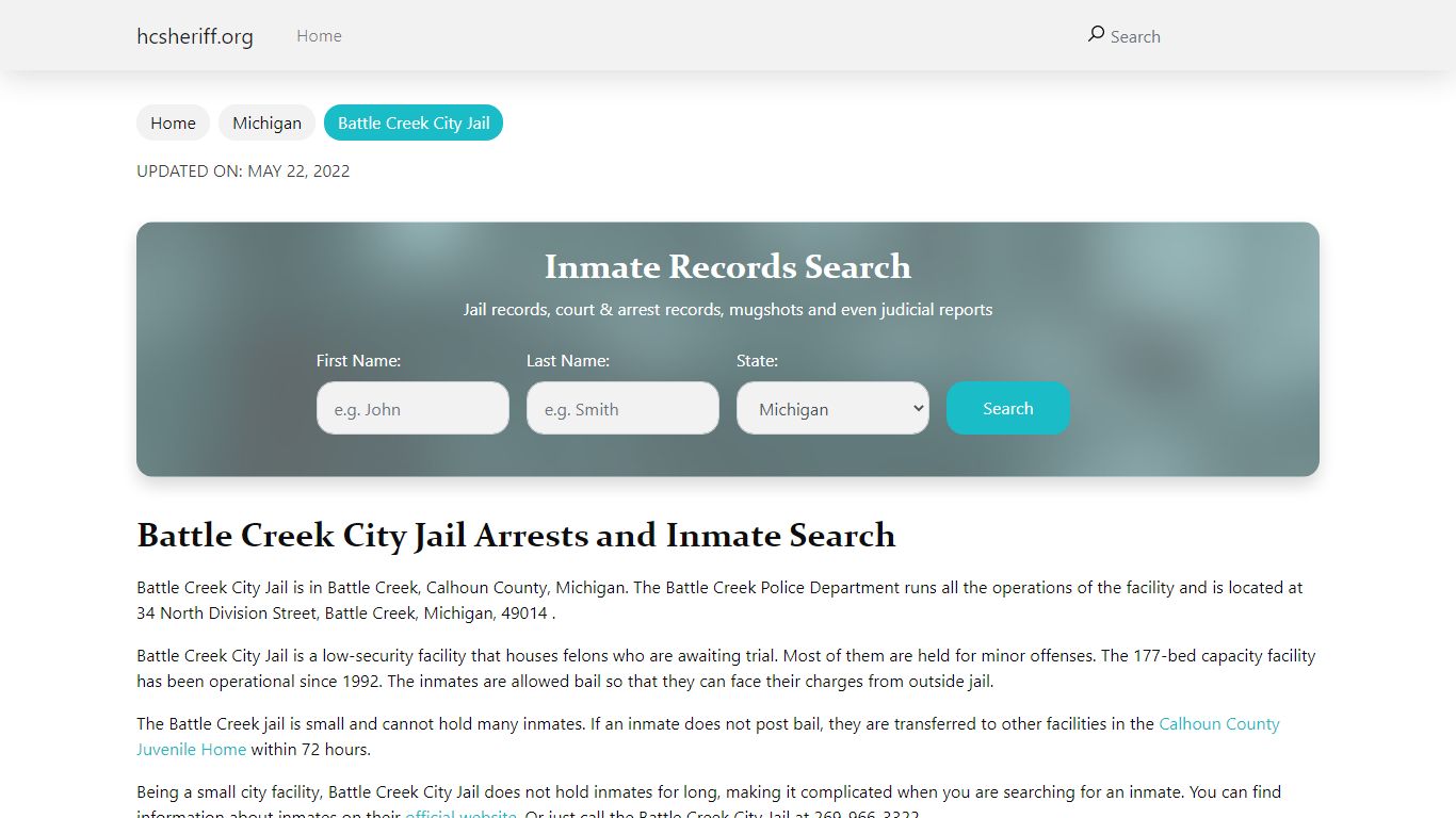Battle Creek City Jail Arrests and Inmate Search