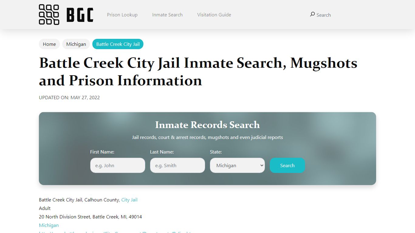 Battle Creek City Jail Inmate Search, Mugshots, Visitation ...